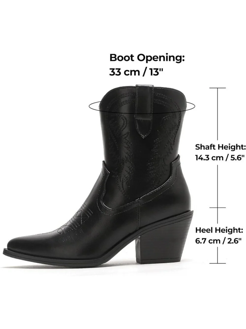 Women's Black Cowboy Ankle Boots Western Booties Pointed Toe Embroidery Shoes